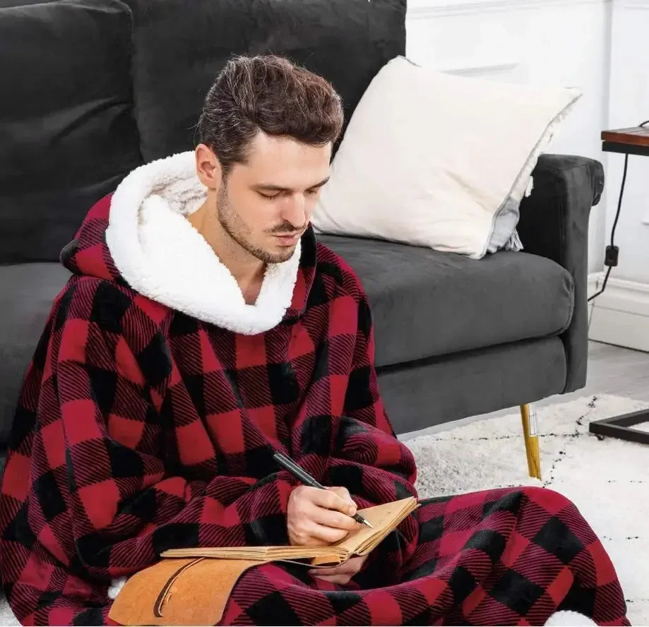Oversized Flannel Blanket Hoodie with Sleeves:  Giant Fleece Pullover for Women & Men | Cozy Winter TV Blanket - Ideal  Gift