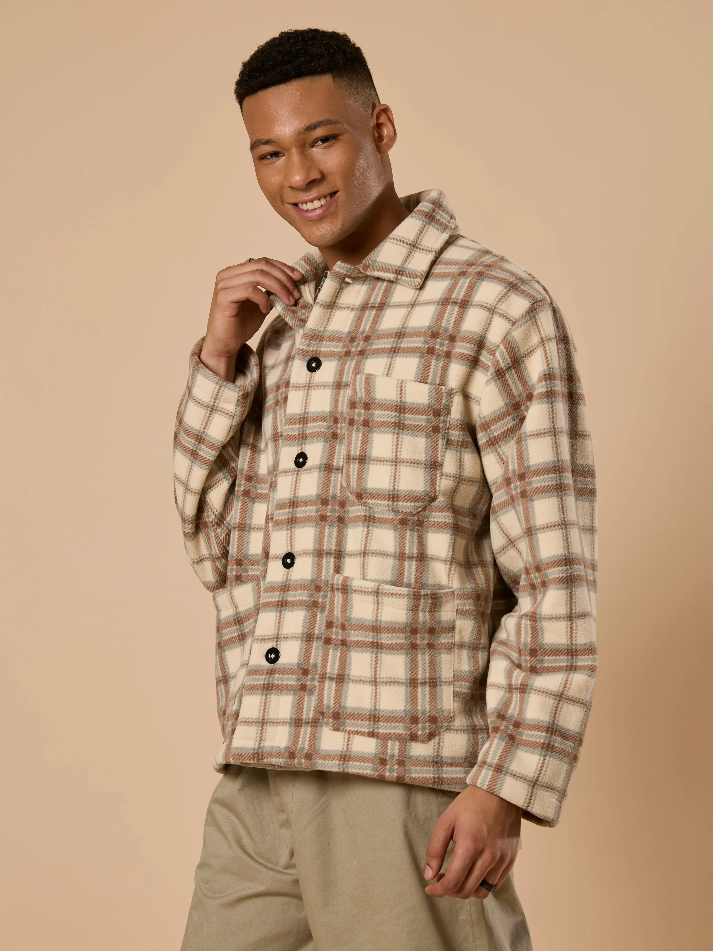 Sherly - Relaxed checked Fleece Shacket - Beige