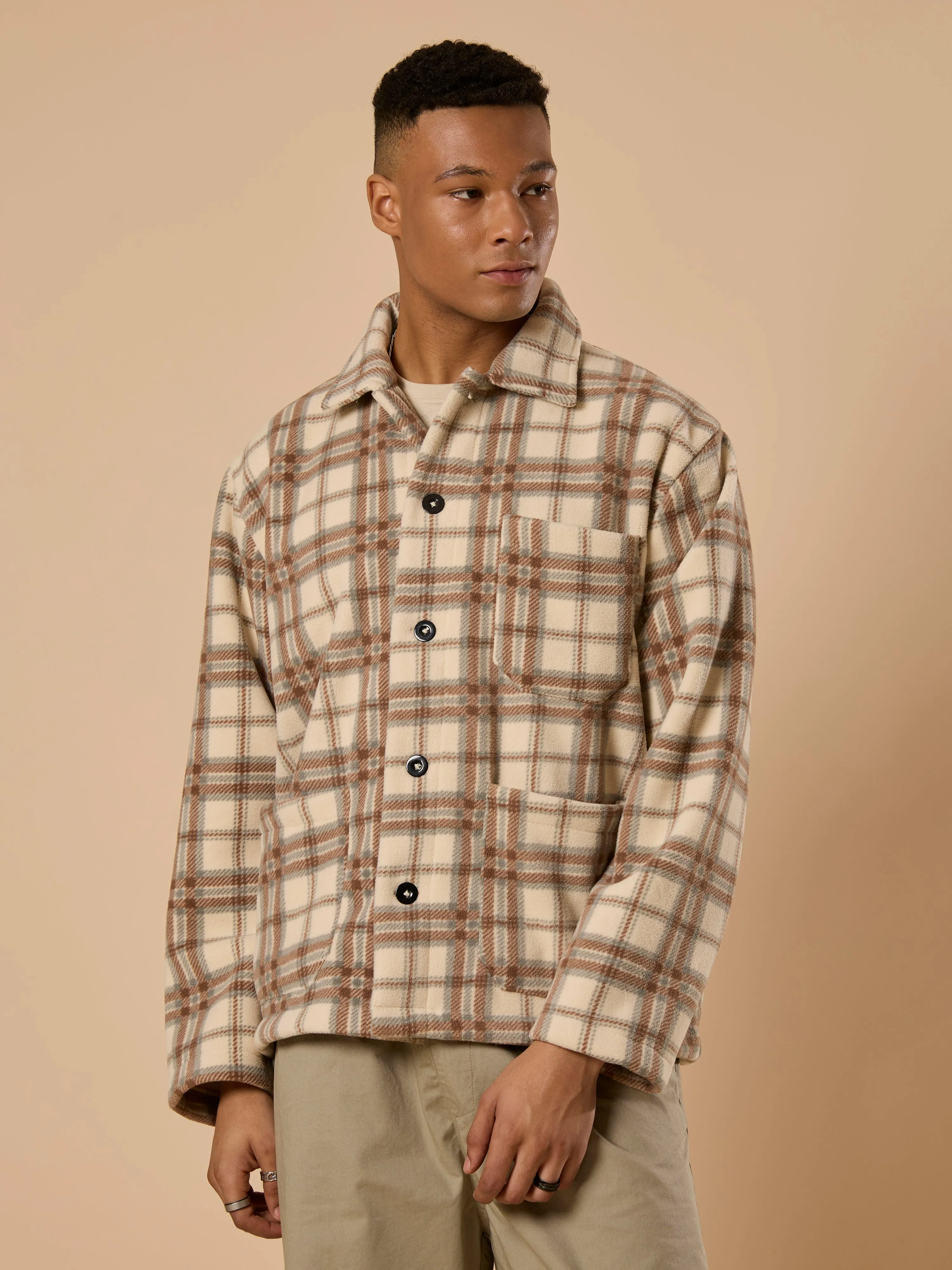 Sherly - Relaxed checked Fleece Shacket - Beige