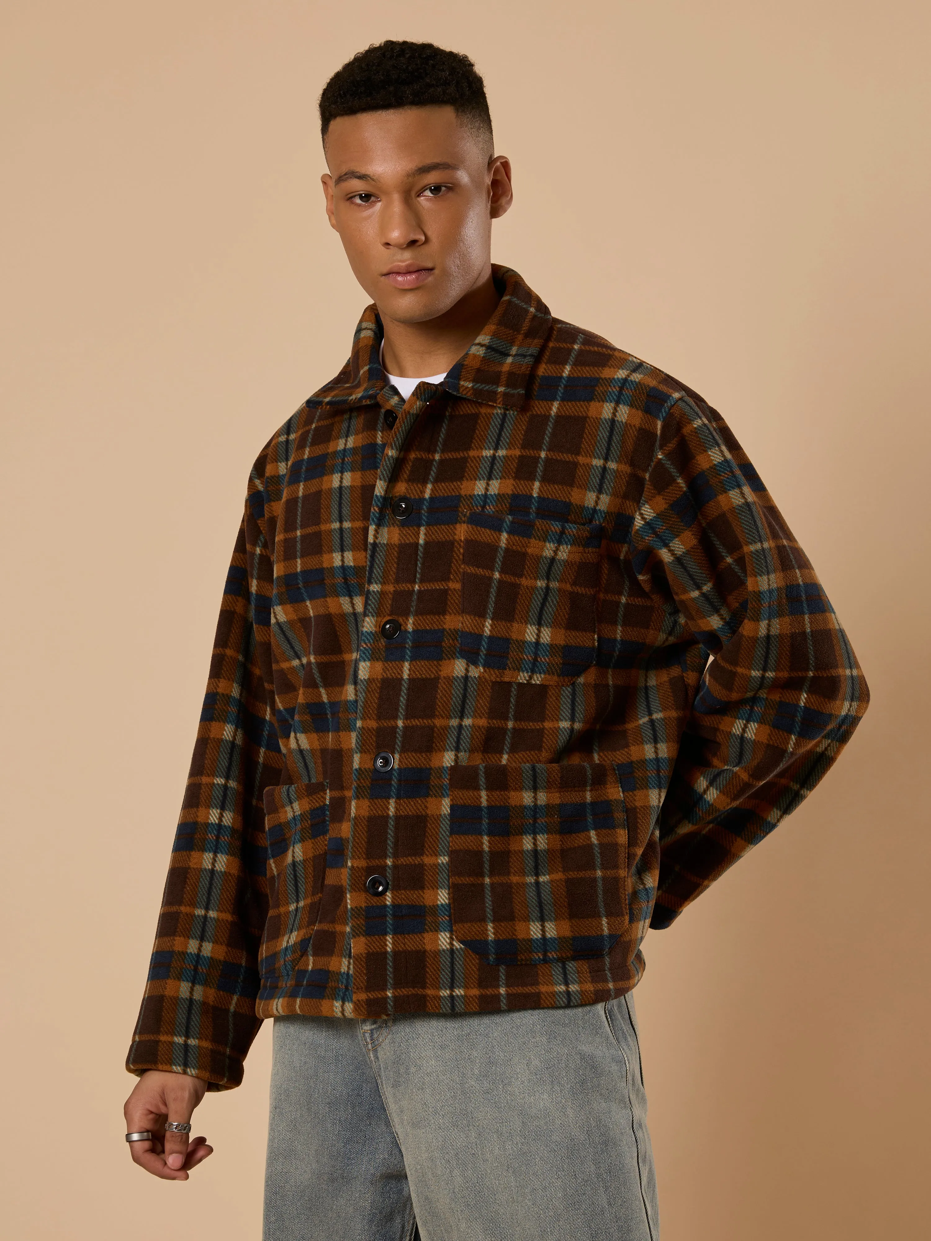 Sherly - Relaxed checked Fleece Shacket - Brown
