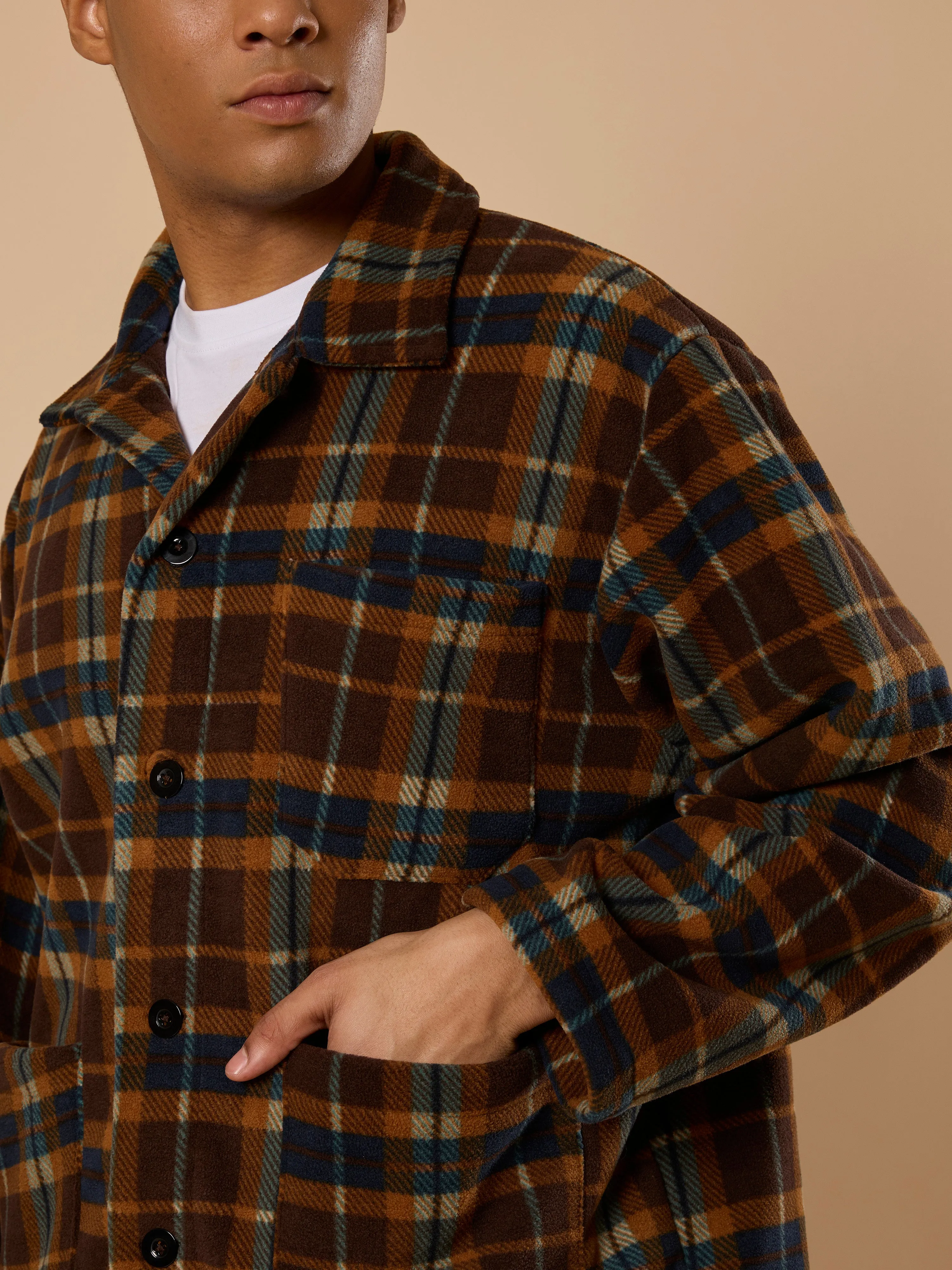 Sherly - Relaxed checked Fleece Shacket - Brown