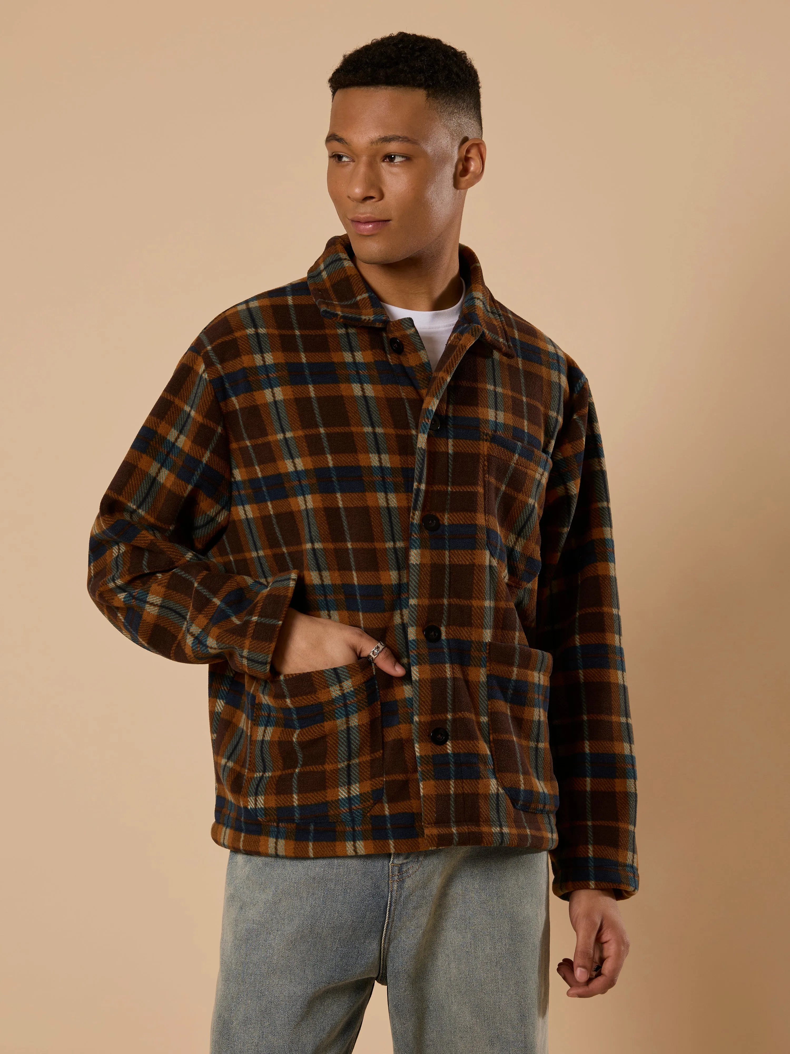 Sherly - Relaxed checked Fleece Shacket - Brown