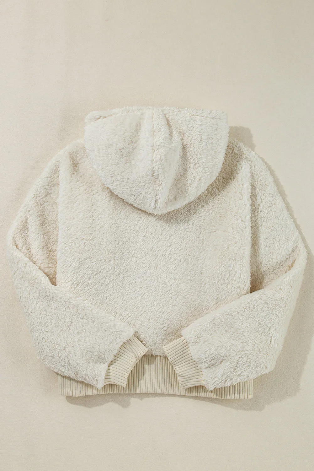White Contrast Ribbed Edge Plush Hoodie